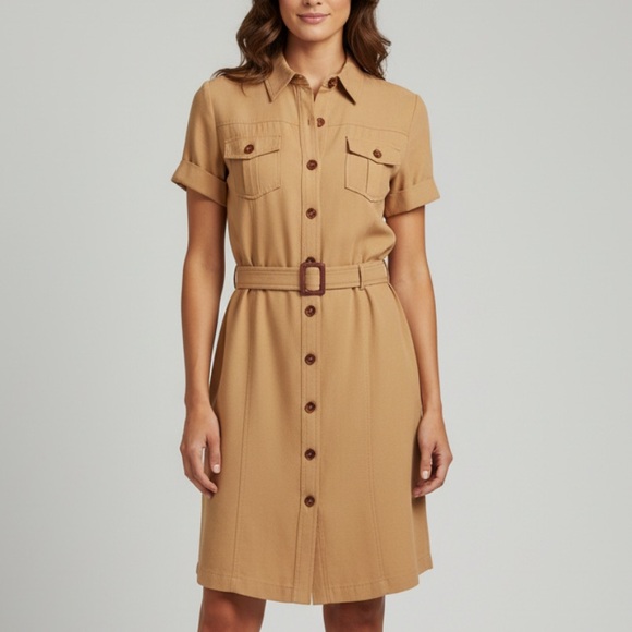 Vintage Crepe Safari Style Shirt Dress + Bonus Vintage Silk Scarf - Picture 2 of 15